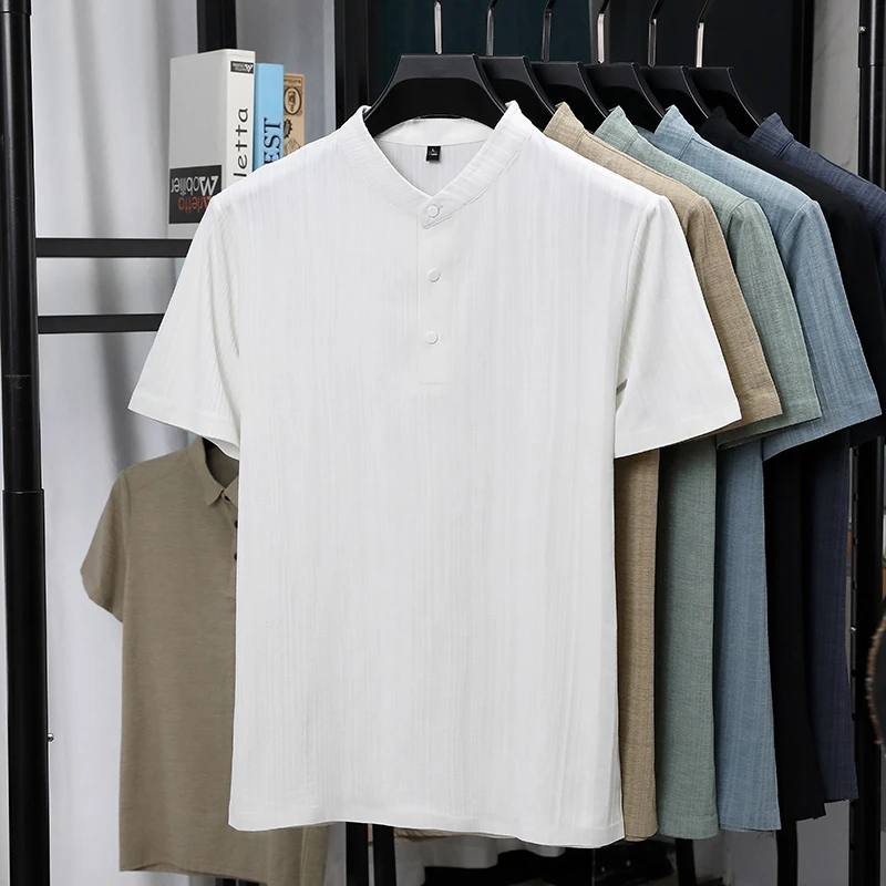 メンズマンダリンカラーハーフプラケットリネンテクスチャード半 - Summer Clothing Guys のレビューと価格