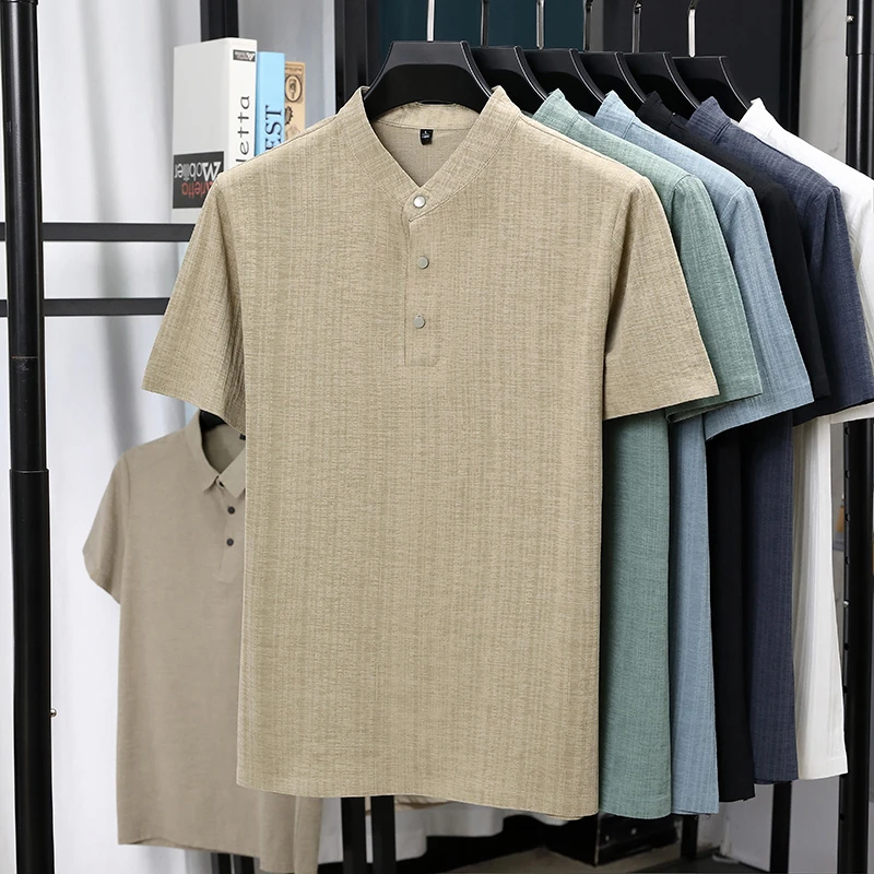 メンズマンダリンカラーハーフプラケットリネンテクスチャード半 - Summer Clothing Guys のレビューと価格