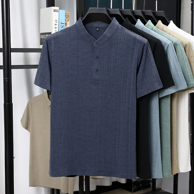 メンズマンダリンカラーハーフプラケットリネンテクスチャード半 - Summer Clothing Guys のレビューと価格