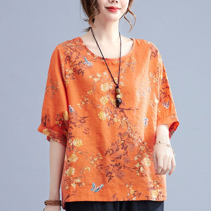 夏の新作綿麻スリムフィット半袖Tシャツレディースラウンドネッ - Summer Clothing Over 60 のレビューと価格