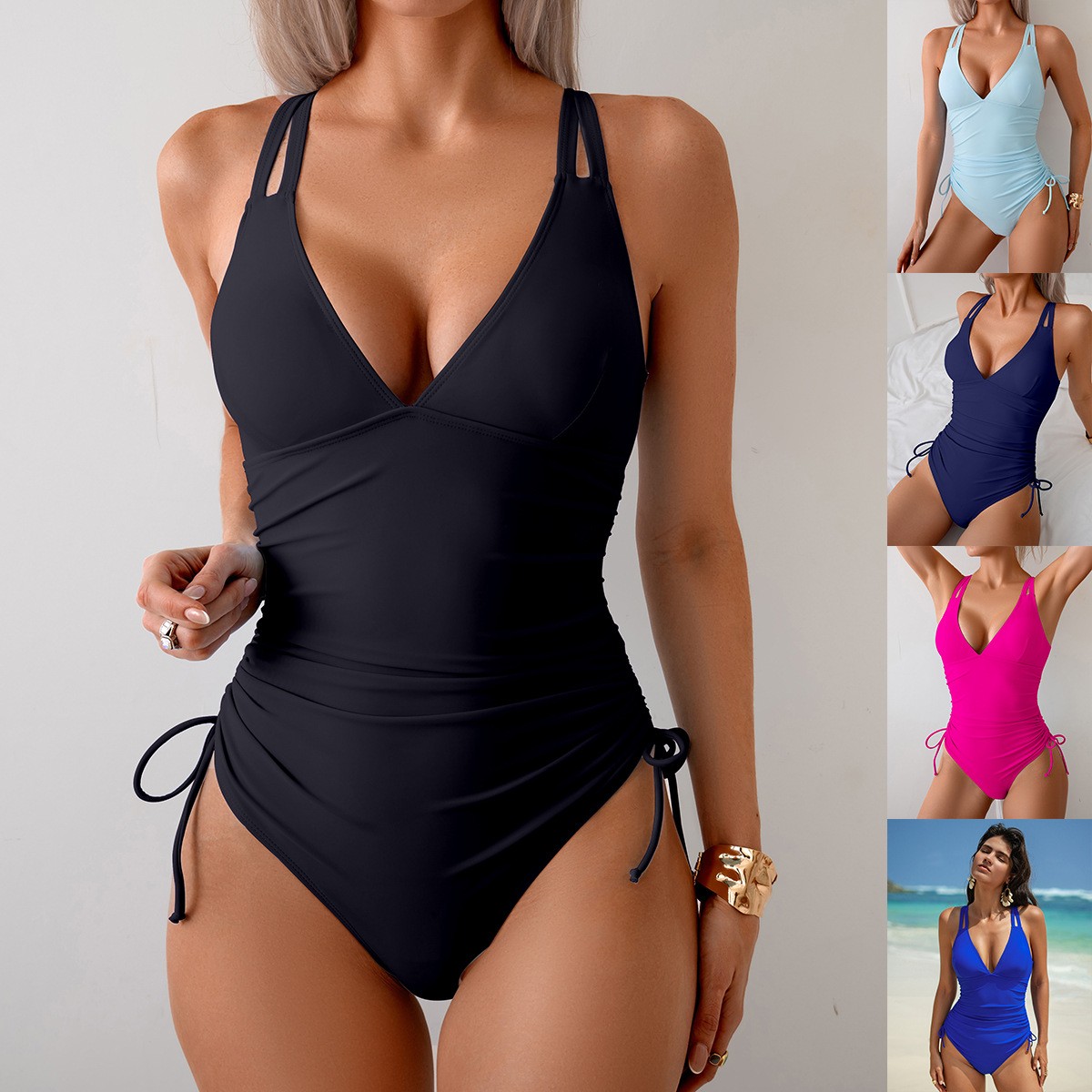 ソリッドブラックのVネックワンピース水着、ウエストにギャザー - Swimsuit One Piece のレビューと価格