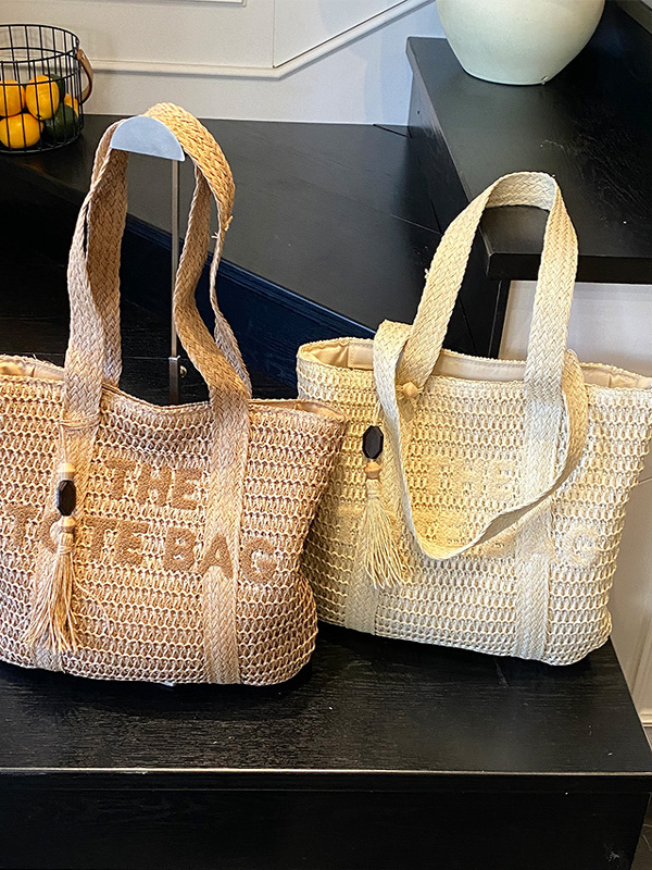 夏のビーチ旅行用大容量ストロー織りトートバッグ カジュアルフ - Beach Bag Straw のレビューと価格