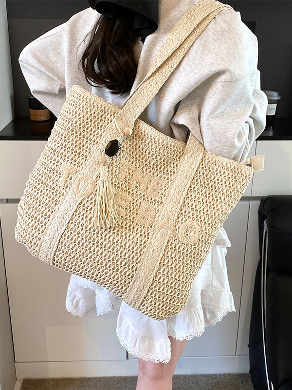 夏のビーチ旅行用大容量ストロー織りトートバッグ カジュアルフ - Beach Bag Straw のレビューと価格
