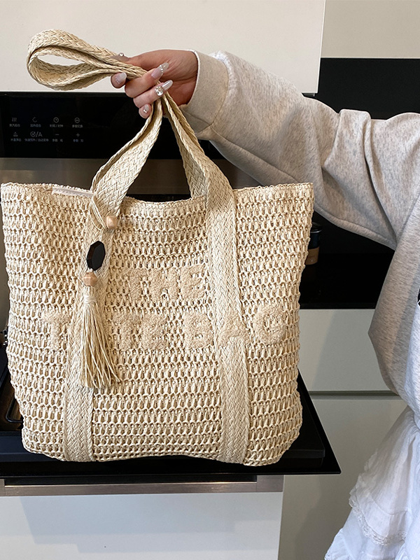 夏のビーチ旅行用大容量ストロー織りトートバッグ カジュアルフ - Beach Bag Straw のレビューと価格