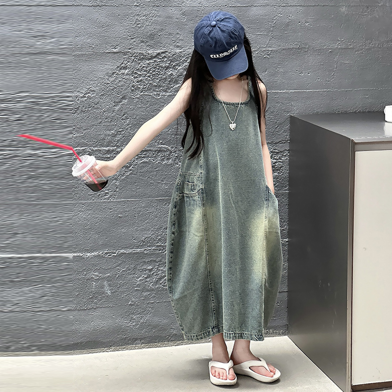 ヴィンテージブルー子供女の子高品質ノースリーブデニムドレスス - Summer Clothing Girl のレビューと価格