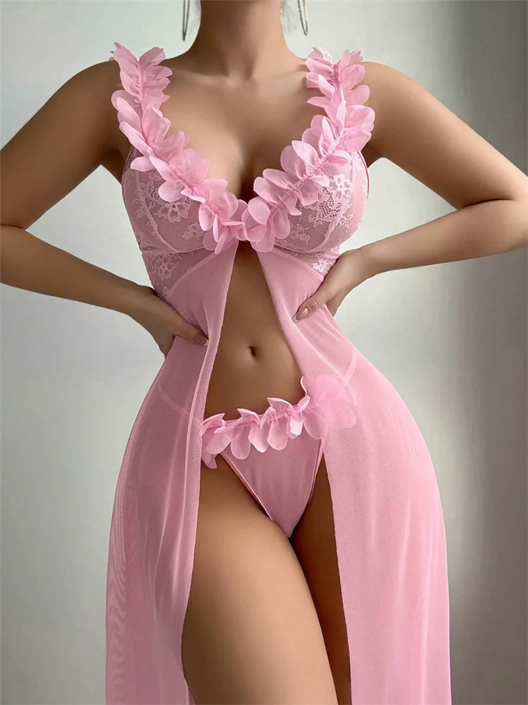 ピンクの花柄セクシーナイトウェア、女性用ベビードールランジェ - Summer Clothing Elegant のレビューと価格