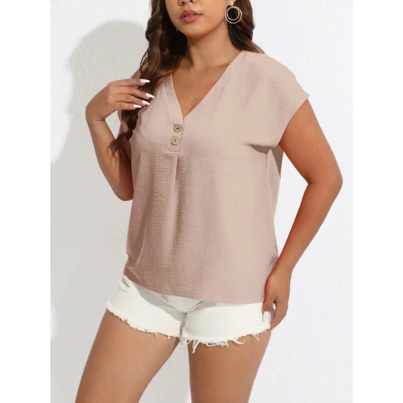 女性用VネックTシャツ,ボタン付き半袖トップス,ルーズバット - Summer Clothing For Plus Size Women のレビューと価格