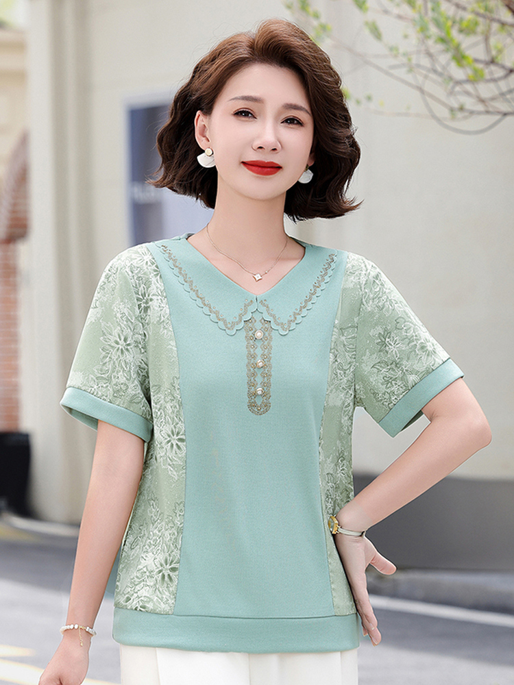 おしゃれな夏のニットスプライス半袖Tシャツ、襟付きプラスサイ - Summer Clothing Over 60 のレビューと価格