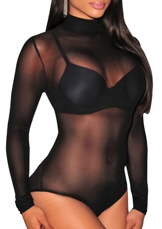 高弾性タートルネック長袖シアーメッシュボディスーツ、シースル - Swim Cover Up Mesh のレビューと価格