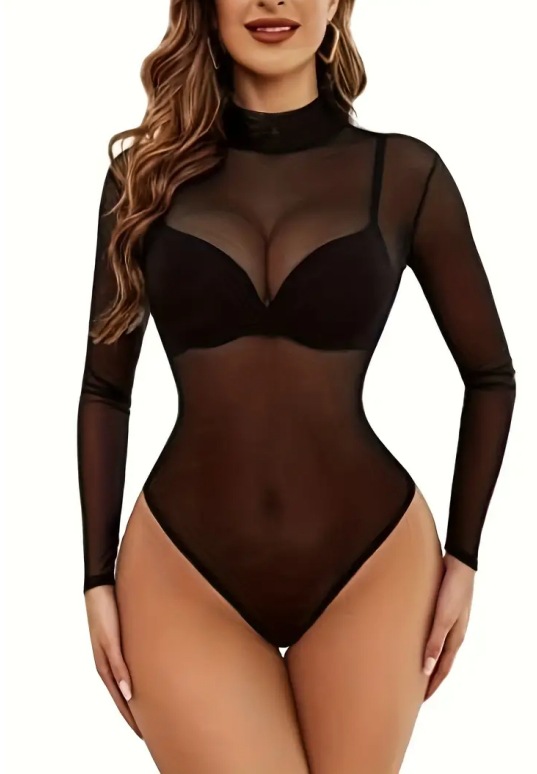高弾性タートルネック長袖シアーメッシュボディスーツ、シースル - Swim Cover Up Mesh のレビューと価格