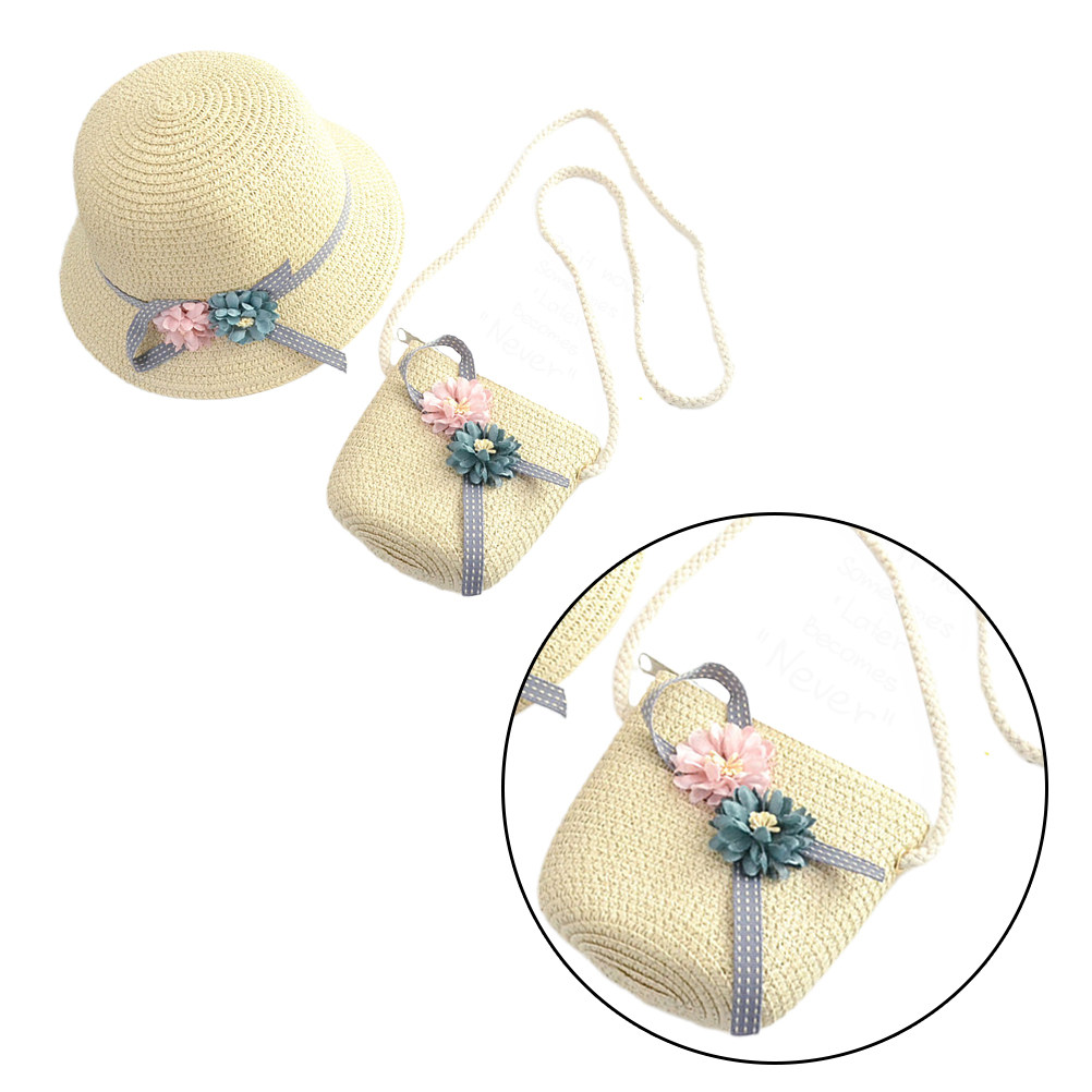 ベージュのキッズ用麦わら帽子ビーチキット、大きなつば付きクロ - Beach Bag Straw のレビューと価格