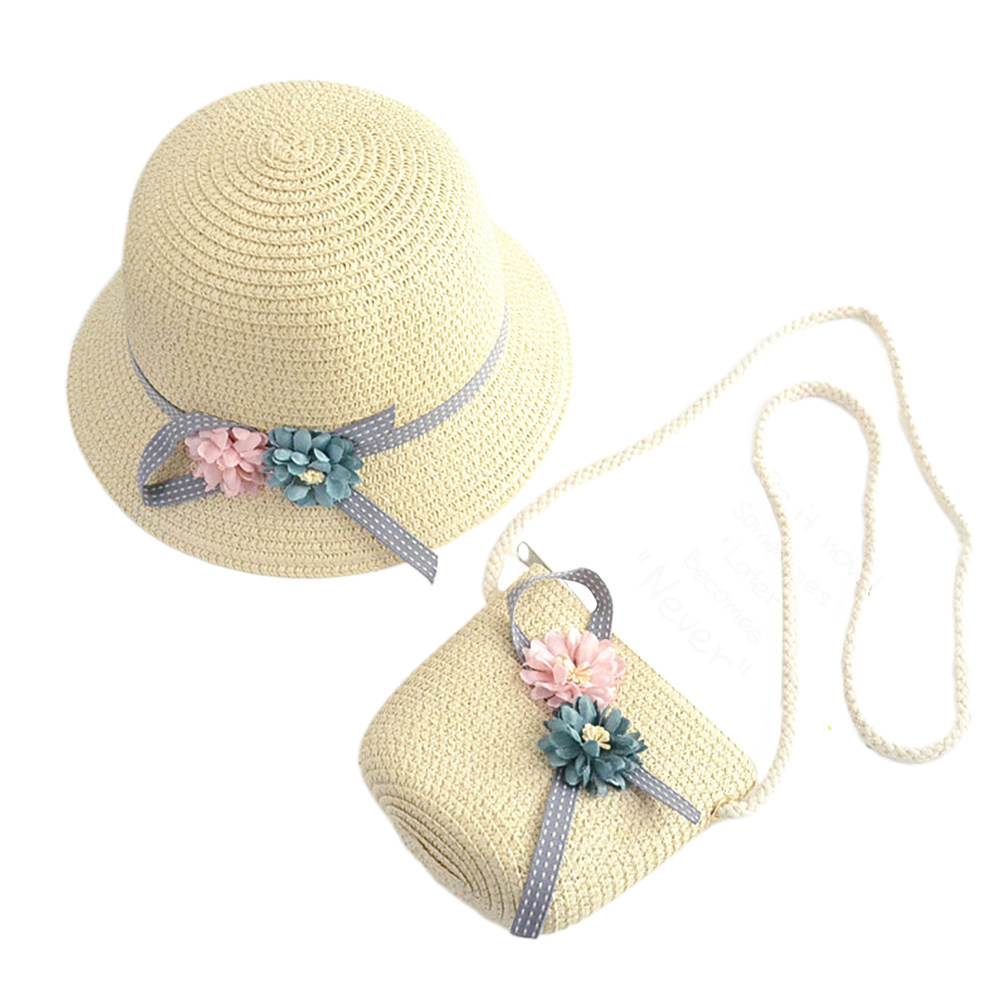 ベージュのキッズ用麦わら帽子ビーチキット、大きなつば付きクロ - Beach Bag Straw のレビューと価格