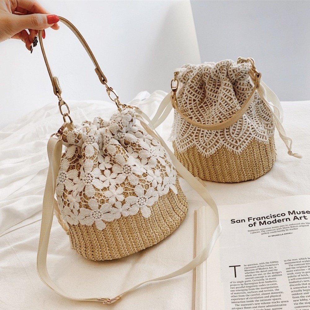 ポータブルレースストローショルダーバッグボヘミアンフラワーウ - Beach Bag Straw のレビューと価格