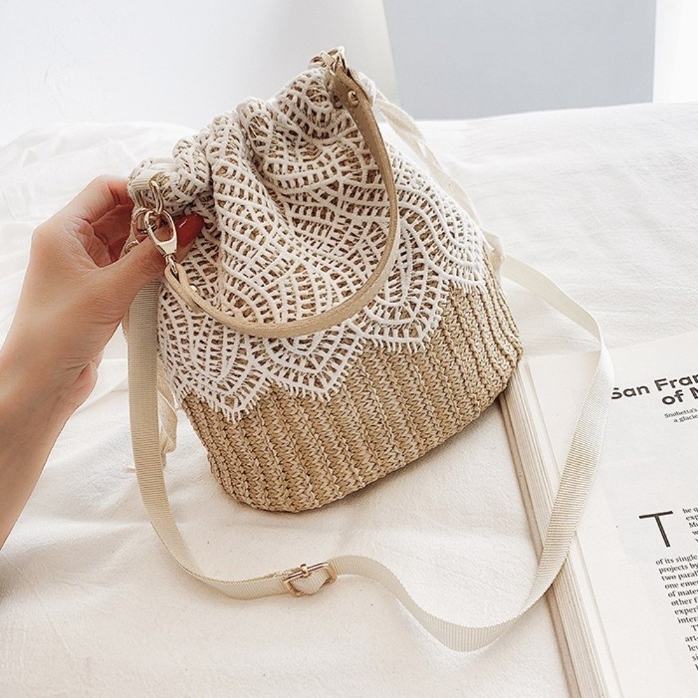 ポータブルレースストローショルダーバッグボヘミアンフラワーウ - Beach Bag Straw のレビューと価格