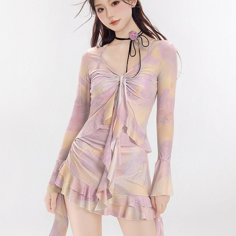 女性用 4 ピース ビキニ セット ライトブルー グラデーシ - Swim Cover Up Mesh のレビューと価格