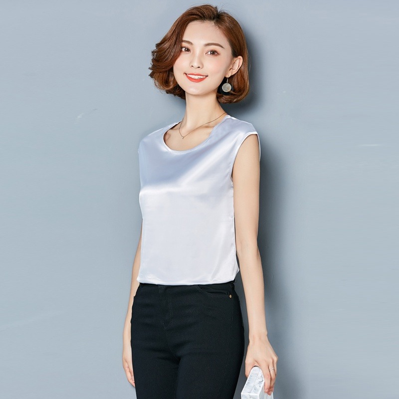 セクシーなシルクベスト女性ノースリーブトップ夏無地ブラウスシ - Summer Clothing For Plus Size Women のレビューと価格
