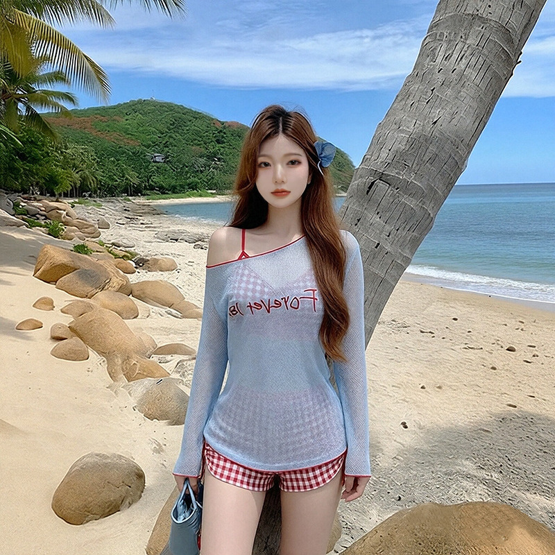 女性用ビキニセット ブルーメッシュレタープリント 長袖カバー - Swim Cover Up Mesh のレビューと価格