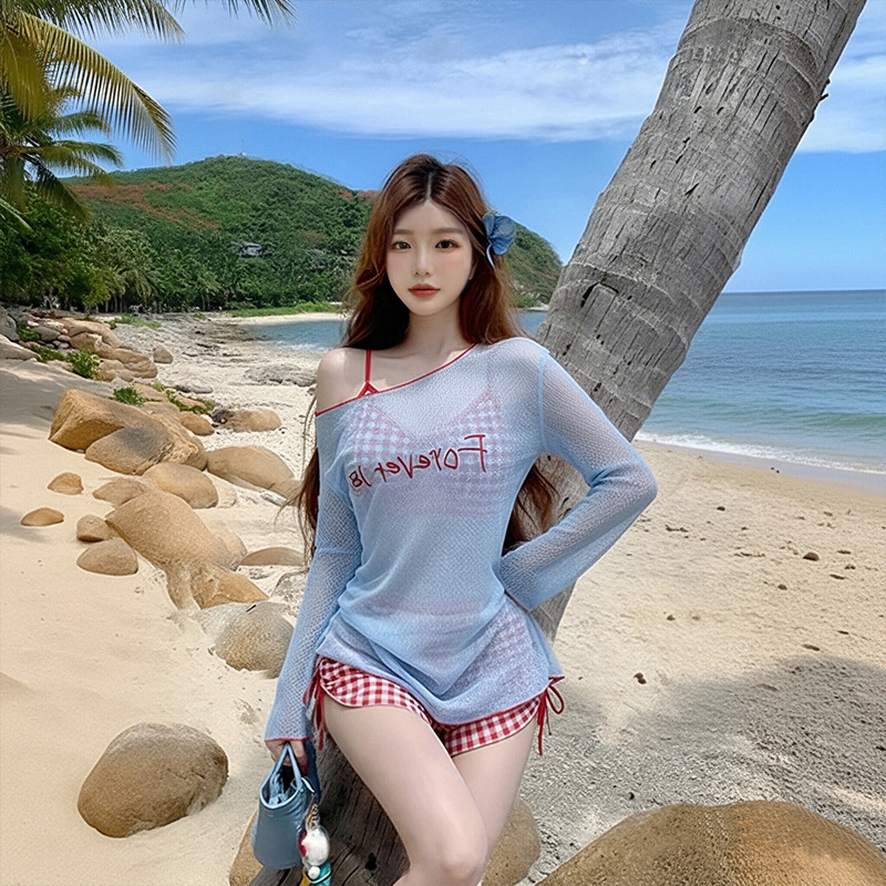 女性用ビキニセット ブルーメッシュレタープリント 長袖カバー - Swim Cover Up Mesh のレビューと価格