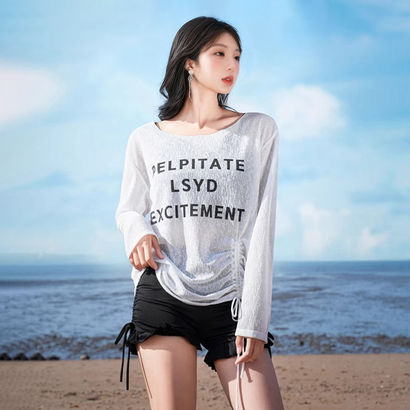 女性用ビキニセット ブルーメッシュレタープリント 長袖カバー - Swim Cover Up Mesh のレビューと価格